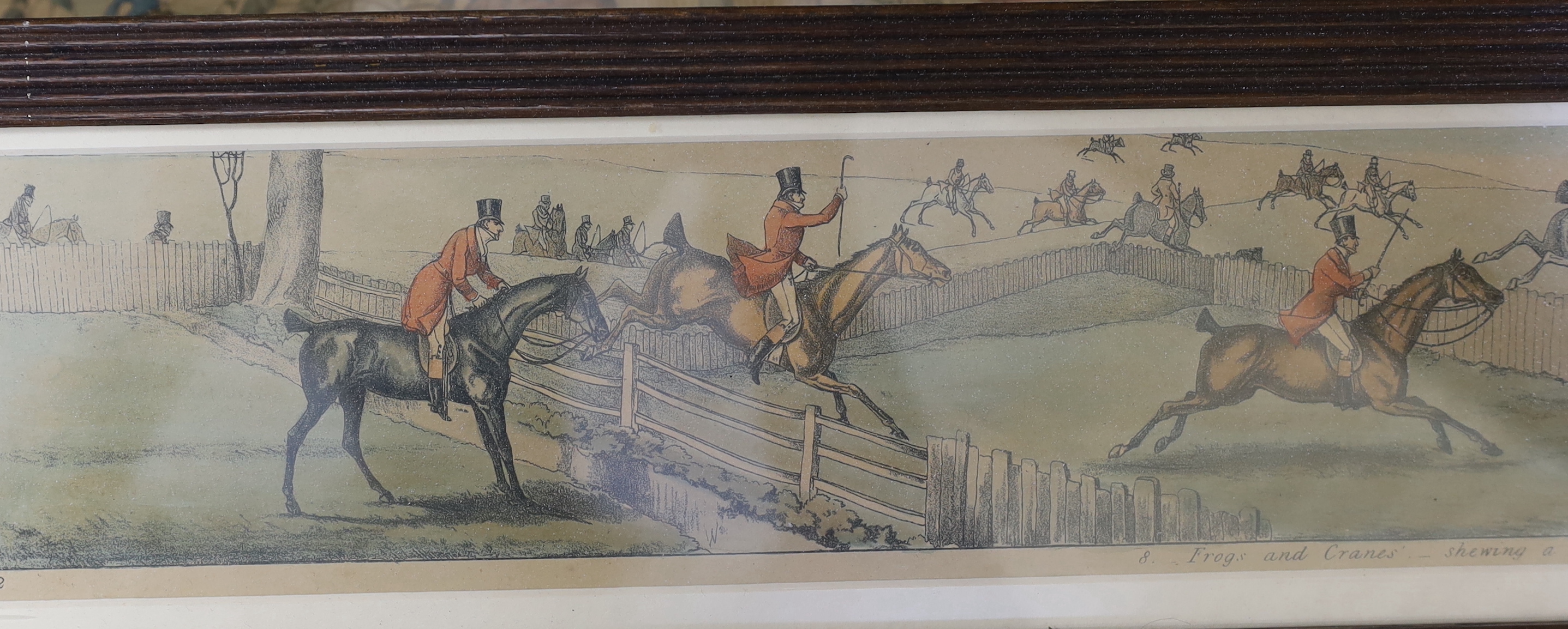 After Henry Thomas Alken (1785-1851) set of twelve 19th century colour prints, Panoramic coaching and hunting scenes, including 'Doing a bit of city', publ. S & L Fuller, London 1822, 54 x 8.5cm